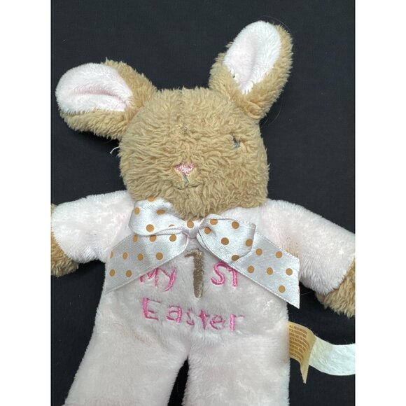 My 1st Easter Pink Plush Bunny With Polka Dot Bow Embroidered Eyes Text Rattle L - Picture 6 of 7